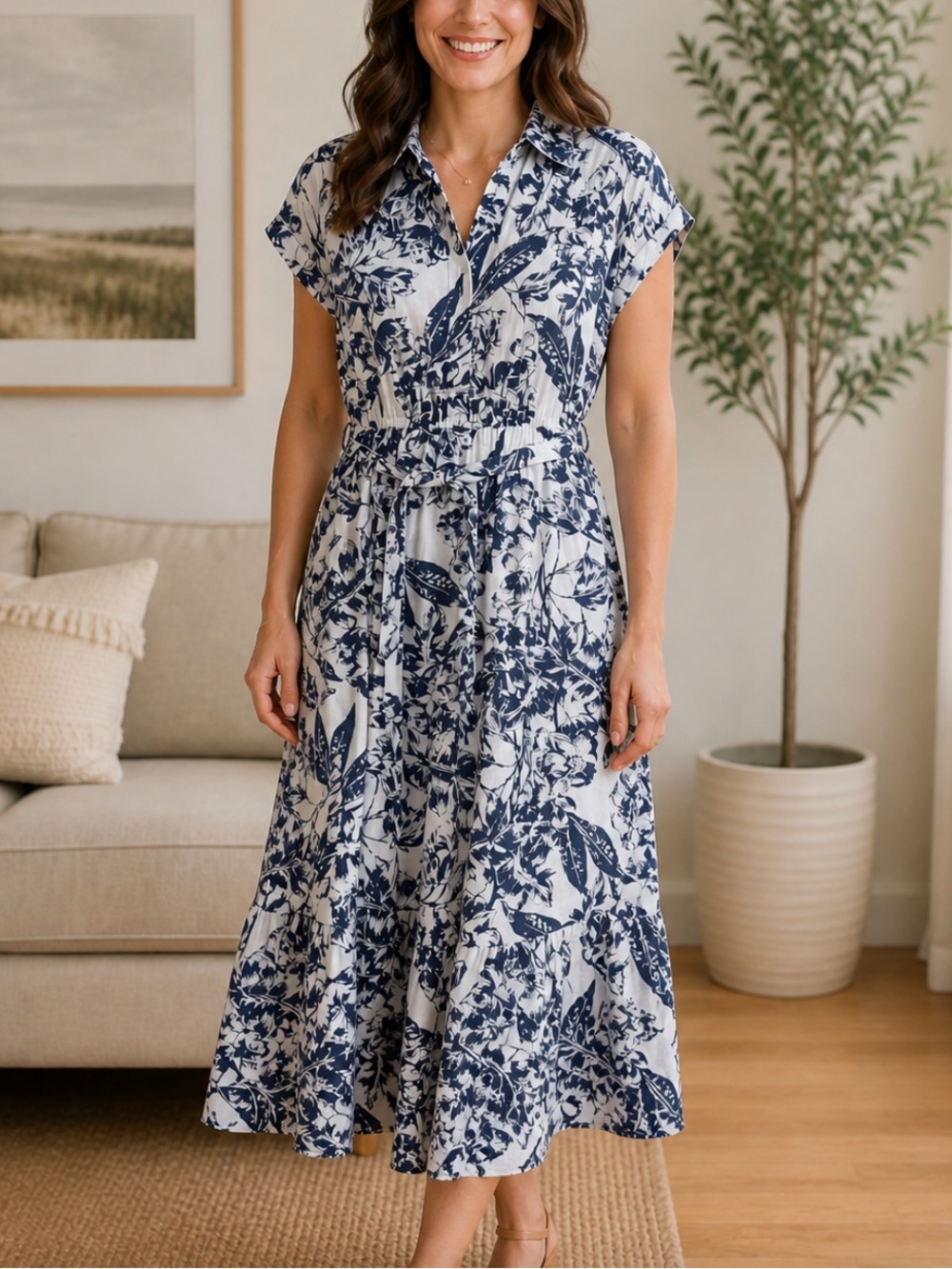 Lapogee Blue Floral Linen Blend V-Neck Midi Dress
